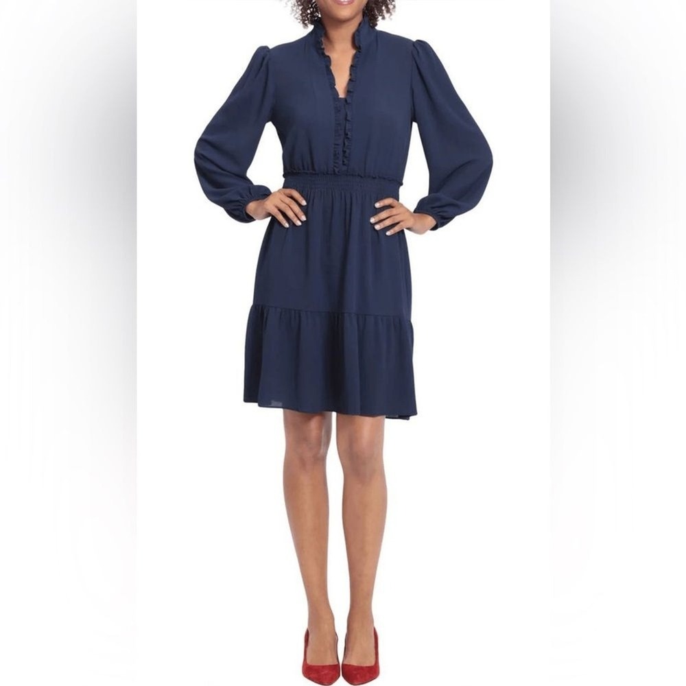 London Times Black Ruffle Neck Smocked Waist Tiered Dress Long Sleeve‎ Womens 14 - Picture 15 of 15